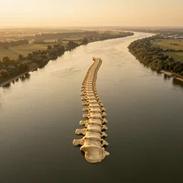 wide!! landscape photo of river that follows the distinct shape of a human spinal column!!, drone photo, golden hour, lush green vegetation, medium format