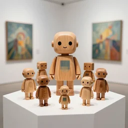8 k photorealistic, a wooden art toys on a pedestal a cute robot wooden, concept art in a contemporary art gallery art by afshar, petros