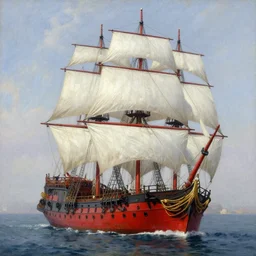 masterpiece painting of a white sails and crimson hull, three mast brigantine pirate ship docked in a xix century port, by greg rutkowski and noah bradley, trending on artstation
