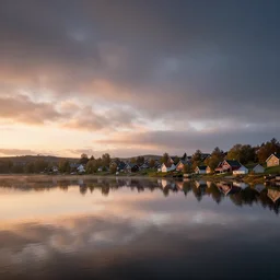 landscape photography by jimmy nelson, swedish lake, sunrise, dramatic lighting, village by the lake, thin soft clouds, beautiful reflections, unreal engine 8 k