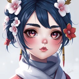 cute little portrait of a ninja with flowers in her hair wearing makeup, blue, light pink, gold and red color scheme. highly detailed, artgerm, cushart krenz, artstation, soft light, sharp focus, illustration, character design, concept art