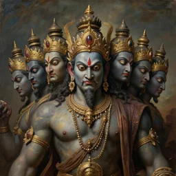 a beautiful cinematic masterpiece headshot portrait of majestic colossal gothic hindu asura demon god ravan with ten heads, from ramayan, symmetric centered portrait, by leonardo da vinci, by greg rutkowski, by tim hildebrandt, oil on canvas, trending on artstation, brilliant diffused studio lighting, sharp, hyper - detailed, cinematic composition, no frames, hd, 8 k