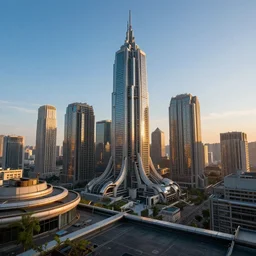sci - fi city rooftop view, blue sky, highly detailed, beautiful light and sunset, realistic, octane render