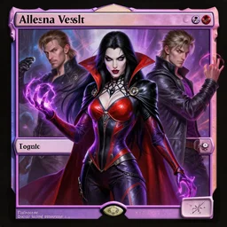 a ultradetailed painting lilliana vess vampire queen planeswalker aleksi bricolt, donato giancola and nikolay makovsky red black purple leather outfit energy hands long black hair spider tessellation magic the gathering art layout, futurism, vibrant colors zbrush sharp focus