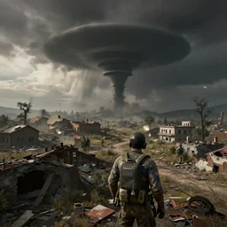 tornado in tornado alley, town in ruins post - nuclear war in fallout 4, in game screenshot
