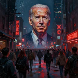 a dark street with hordes of wandering people red lights cybernetic joe biden's face hovering over the unwashed masses, dystopian, cyberpunk, dripping oil paint, thick brushstrokes, abstracted painterly techniques, high resolution