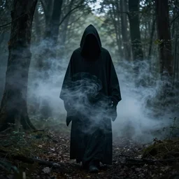 grim reaper cloaked in smoke coming at you in a dark forest