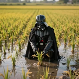photo, Darth-Vader Planting Rice in a paddy field full of water.