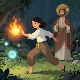 smiling asian sorceress in trousers with short hair (shoulder length hair) wearing trousers casting a fireball and chasing will-o-wisps in a garden, orthodox saint, by Greg Rutkowski, breathtaking digital 2d cover art