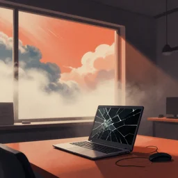 editorial illustration by karolis strautniekas and mads berg, office interior, broken laptop screen, window, liquid clouds, fog, red orange black blue beige, fine texture, detailed, muted colors, film noir, dramatic lighting, dynamic composition, vivid, matte print, wide angle, ( ( sunbeams ) ), moody, studio lighting