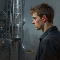a man staring forlornly at the ai utopia he has been locked out of, intricate, highly detailed, digital painting, artstation, concept art, smooth, sharp focus, illustration, realism, oil painting, unreal engine 5, 8 k