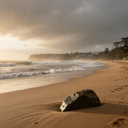 Australian Beach, fog, rain, volumetric lighting, beautiful, golden hour, sharp focus, highly detailed, cgsociety