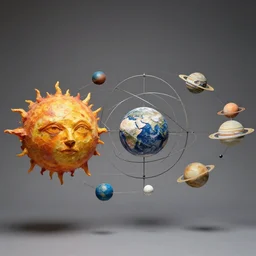 a kinetic sculpture of this solar system, sun, mercury, venus, earth, moon, mars, jupiter, saturn, uranus, neptune, pluto, orrery, canon mm lens, papier - mache, studio, artificial intelligence