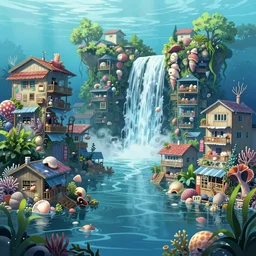 painted anime background of a flooded underwater slums shopping district located by a waterfall and built from various sea shells and corals and being reclaimed by nature, seaweed, light diffraction, litter, steampunk, cyberpunk, cool colors, caustics, anime, vhs distortion, shot underwater looking up, inspired by splatoon by nintendo, art created by miyazaki
