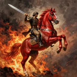 the horseman of the apocalypse riding a red stallion, horse is up on it's hindlegs, the rider looks carries a large sword, flames, artwork by artgerm and rutkowski, breathtaking, dramatic