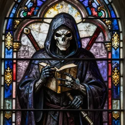 grim reaper in a stained glass window, intricate 4k