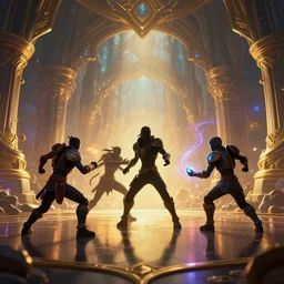 almost silhouette of 5 fortnite fantasy characters fight with magic in big cave, action scene, lumen reflections, sharpened, insanely detailed and intricate, hypermaximalist, elegant, ornate, hyper realistic, super detailed, digital art, bokeh blur