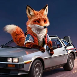 a man dressed as a fox in a delorean from the movie back to the future