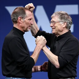 steve jobs wrestling and winning against bill gates, wwf high quality photo,