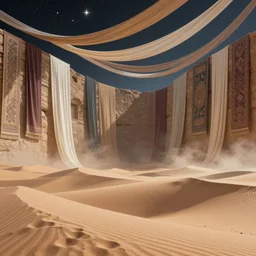 sand dunes with giant walls and skies showing the stars and hanging silk drapery and tapestries, light dust, magnificent, close up, sharp focus, elegant, highly detailed, illustration, by jordan grimmer greg rutkowski wlop maya takamura, intricate, trending artstation, pixiv, digital art