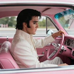a closeup photorealistic photograph of elvis driving a vintage chevy impala pink interior shot. film still. 4 k hd image, trending on artstation, featured on behance, well rendered, extra crisp, features intricate detail, epic composition and the style of unreal engine.