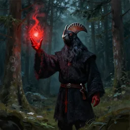 Capercaillie blood mage in a dark fir forest, casting a spell with his hand. Digital gouache.