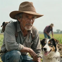 a cinematic headshot portrait of a farmer and his dog, working out in the field, movie still, shallow depth of field, muted colors, by krenz cushart