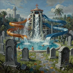 waterpark in a graveyard with tombstones and waterslides, painting by brain froud, charles vess, cinematic lighting, epic composition, highly detailed