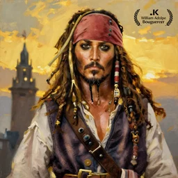 Painting of Jack Sparrow. Art by William Adolphe Bouguereau. During golden hour. Extremely detailed. Beautiful. 4K. Award winning.