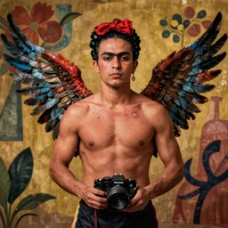 portrait of a poet wrestler with wings, mamiya, f 1. 7, in the style of kahlo, araki and matisse