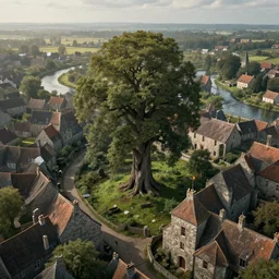 town ancient tree airborne view of a downtrodden medieval town by a river in a swamp with a tall ancient hollow tree in its center, 4k, by Greg Rutkowski, fantasy, mix of celtic and Rus architecture, cinematic