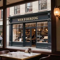 award winning photo of a shop in a street in new york, view from a restaurant's window through a table, by fred herzog, color photography, wide view, ultra detailed, beautiful, real, extremely precise, elegant