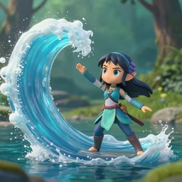 katara from avatar as nendoroid is summoning a giant wave from a lake in a forest, in the croods movie style, anime, disney, pixar, 8 k, hd, dof, kodak film, volumetric lighting, subsurface scattering, photorealistic, octane render, details