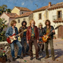 Band members of The Grateful Dead in a Spanish village, painted by Francisco de Goya, oil painting