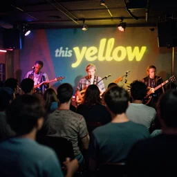 dramatic scene shallow depth of field uncanny surreal photograph of a colorful music club scene titled'this yellow ', photographed by william eggleston and ken price and man ray, grainy shocking detail trending on artstation 8 k