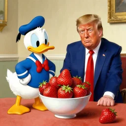 donald duck and donald trump are sitting in front of a bowl of stawberries, drawing by rembrandt