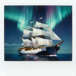 high detailed illustration, epic lowpoly seiner ship under beautiful northern lights, high contrast, polaroid, art by ellis dean, syd mead