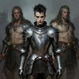 portrait of a skinny punk goth knight wearing armor by simon bisley, john blance, frank frazetta, fantasy, barbarian
