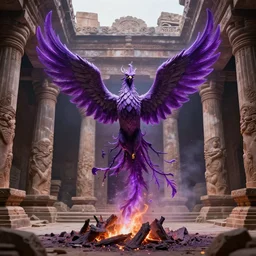 purple phoenix rising up from the ashes in the middle of a ancient temple