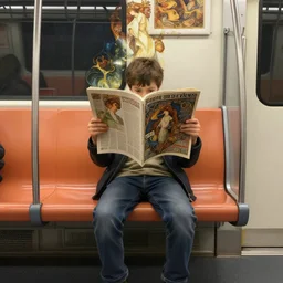 perfectly - centered - portrait of a kid sitting on an empty subway reading magazine, the magazine covered his face, intricate, highly detailed, digital painting, artstation, concept art, smooth, sharp focus, illustration, unreal engine 5, 8 k, art by artgerm and greg rutkowski and alphonse mucha