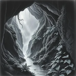 a beautiful pencil artwork of dark void in a lush humid prehistoric jungle cave, mountains, cosmic horror, vines, water, black leaves, lush flora, the north star, volumetric lighting, haze, 8 k