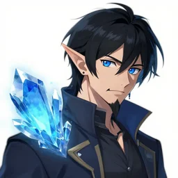 blue crystal, male black haired half elf, black goatee, blue eyes, artstation, style of jesper ejsing, by rhads, makoto shinkai and lois van baarle, ilya kuvshinov, ossdraws