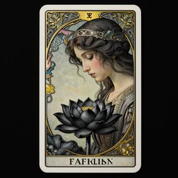 a beautiful and hyperdetailed tarot card of a woman looking down at a black lotus flower, centered in frame, viewed in profile, art nouveau, ultrawide lens, 8 k, volumetric lighting, cinematic, find detail, cell shaded, intricate detail, octane render, art by chris rahn and greg rutkowski and adam paquette