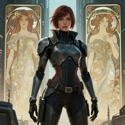 woman wearing cyberpunk clothing in a sci - fi city, high detail, crisp shading, in the style of greg rutkowski and alphonse mucha and lisa frank