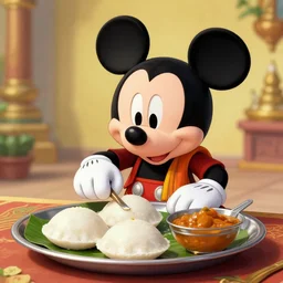 mickey mouse dressed as a traditional tamil brahmin, eating idli with sambar