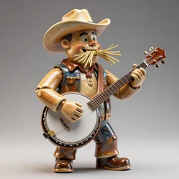 glazed ceramic sculpture of a country bumpkin robot playing a banjo, straw in his mouth, studio lighting, rim lighting, high detail, hyper realistic, 8 k