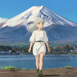 a beautiful blond silver hair young woman walking up Mount Fuji in the style of studio ghibli
