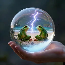 a hand holding a crystal ball, in the crystal ball there are two frog warriors sitting on the beach, cinematic lightning, 8 k, octane render, matte painting, trending artstation