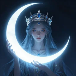 Artemixel, the modern reincarnation of the old selenium god of hunt, also known as Artemis the Selene, carrying the celebrated Crown of the Crescent Moon, wich its usual bright and slightly bluish crescent like the brightness of the night. Portrait, in the style of Disco Elysium award game, intricate and highly detailed concept art