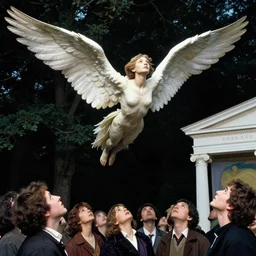 A beautiful assemblage of a winged creature, possibly an angel, flying high above a group of people in a dark, wooded area. The creature's wings are spread wide and its head is turned upwards, as if it is looking towards the sky. The people below are looking up at the creature with a mixture of awe and fear. Blue Man Group, Ionic architecture by Georgia O'Keeffe, by Vivienne Westwood tender